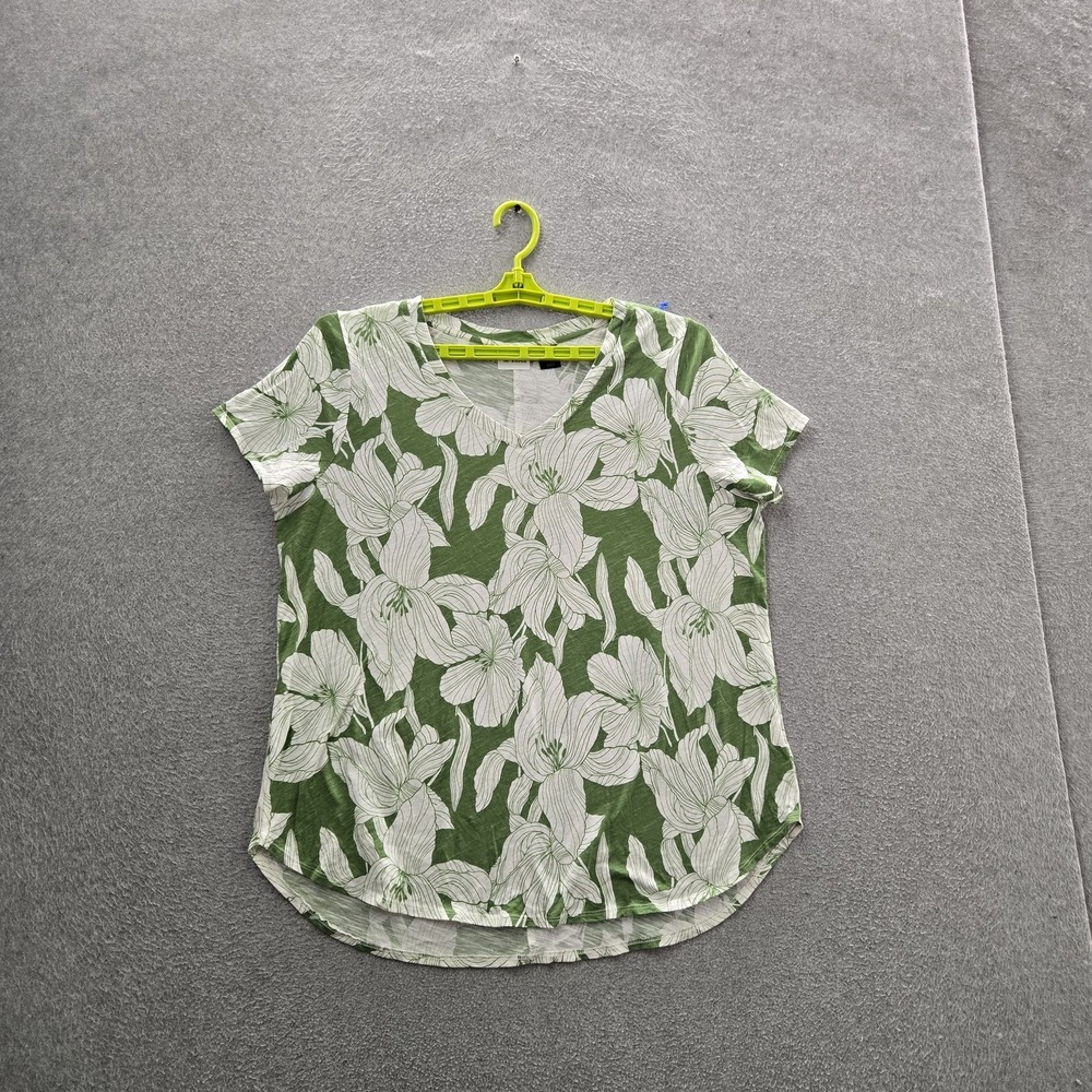 TAHARI Women Shirt 1X Green Floral Scoop Neck Pullover Coastal Beach